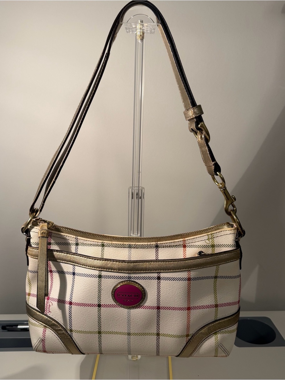 Coach Cream Plaid Shoulder Bag with Pink Logo Accent